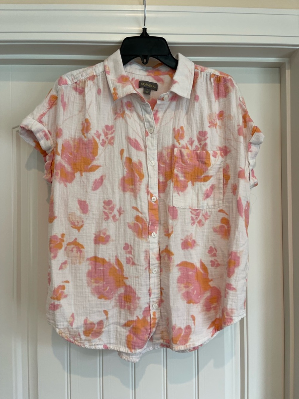 Style & Co. White Button-Down Blouse with Pink and Orange Floral Print